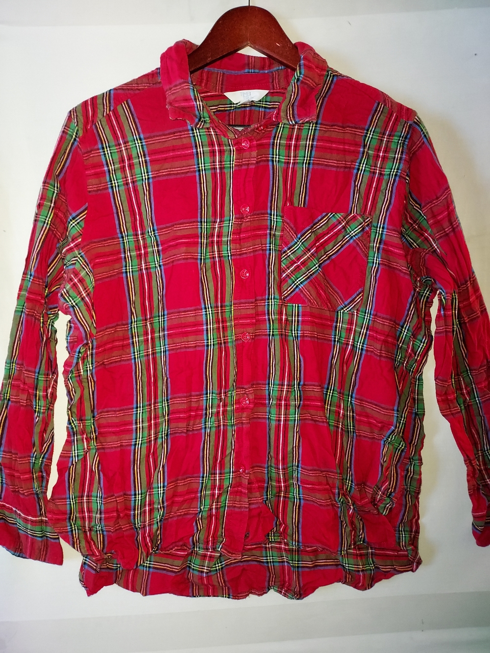 Time and Tru Red and Green Plaid Button-Up Shirt